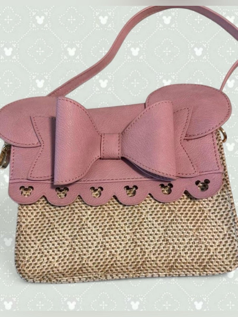 Bioworld Disney Minnie Mouse Pink Bow Accent Tweed Crossbody Bag